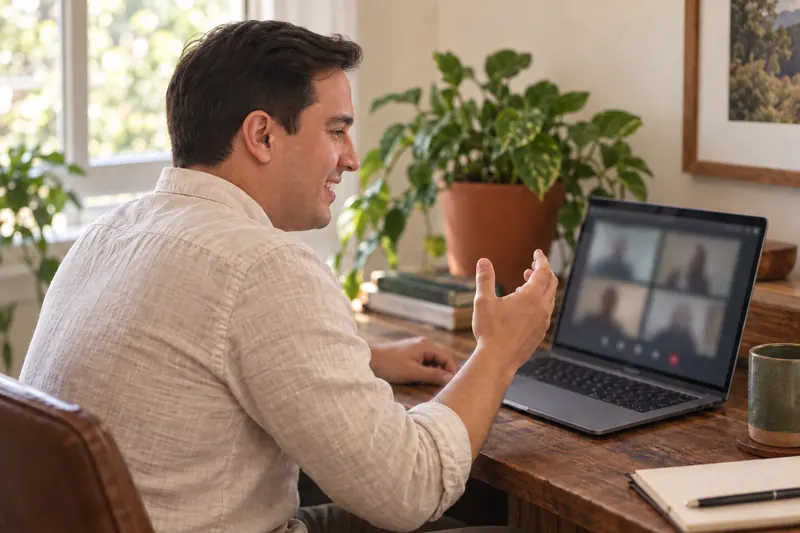 Harry conversando por videollamada desde su escritorio, frente a una laptop